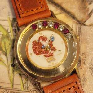 Vintage Watches Servon Santa Watch Rhinestone Bezel Quartz Holiday Brown Strap